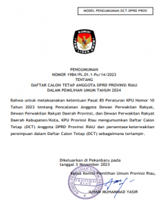 KPU Tetapkan DCT DPRD Provinsi Riau Pemilu 2024